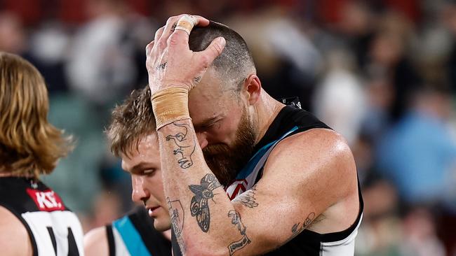 ADELAIDE, AUSTRALIA - SEPTEMBER 05: Charlie Dixon of the Power looks dejected after a loss during the 2024 AFL Second Qualifying Final match between the Port Adelaide Power and the Geelong Cats at Adelaide Oval on September 05, 2024 in Adelaide, Australia. (Photo by Michael Willson/AFL Photos via Getty Images)