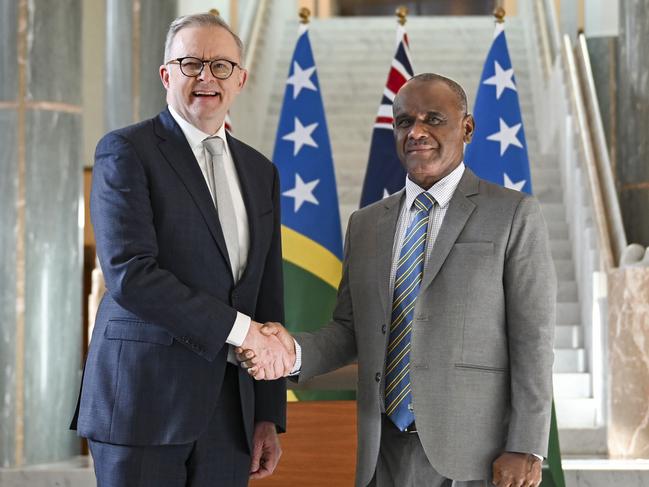 CANBERRA, Australia - NewsWire Photos - June 26, 2024: Prime Minister Anthony Albanese welcomes the Prime Minister of the Solomon Islands, The Hon Jeremiah Manele MP to Parliament House in Canberra. Picture: NewsWire / Martin Ollman