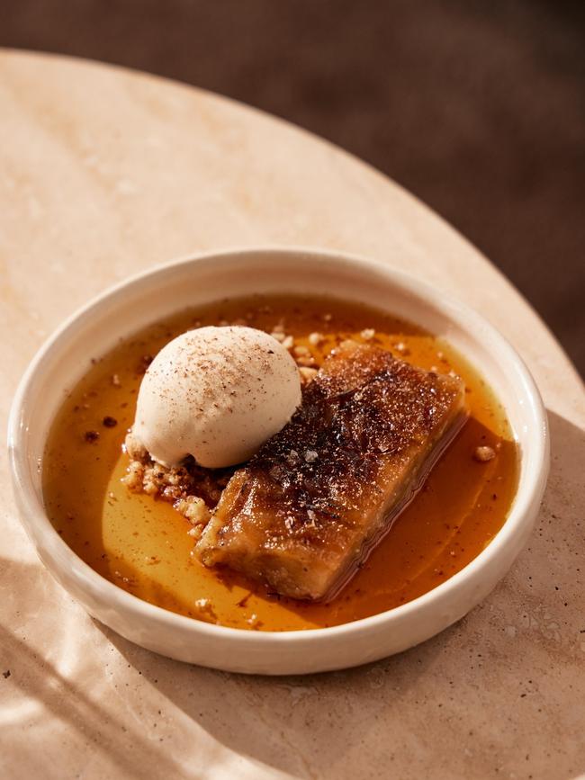 Apple slice, spiced crumble and honey ice-cream at Sol Rooftop, Adelaide.