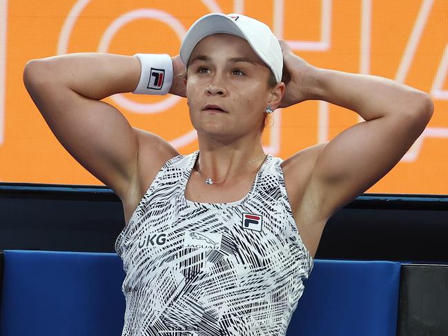 MELBOURNE.  29/01/2022. Australian Open Tennis.  WomenÃs Final.  Ash Barty vs Danielle Collins on Rod Laver Arena.   Ash Barty at a change of ends   . Photo by Michael Klein