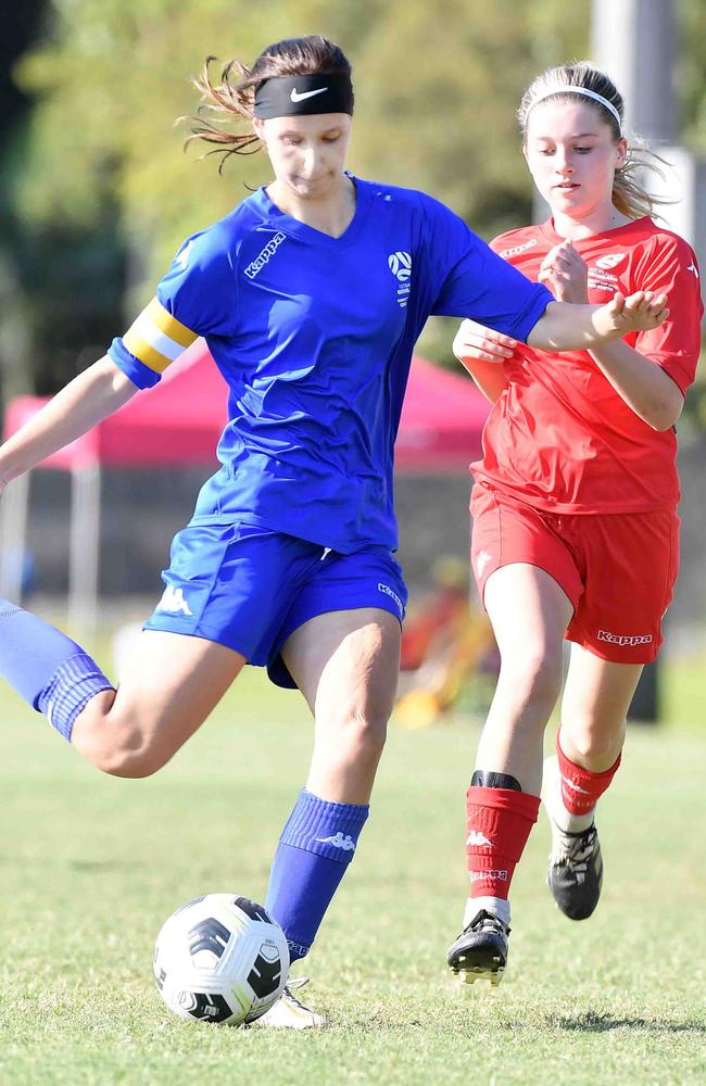 Football Queensland Community Cup carnival, Maroochydore. U15-17 girls, Metro South V Central Coast. Picture: Patrick Woods.