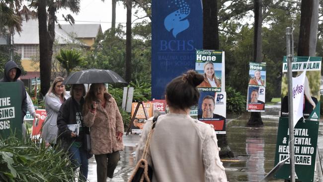 Storms and dreadful weather tormented volunteers and voters alike at the Ballina CBD polling booth, May 21, 2022. Picture: Tessa Flemming