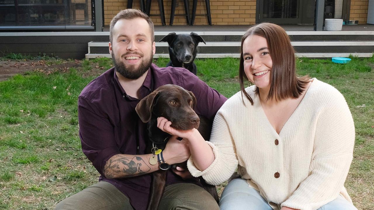 James and Jessica Elliott with their dogs Otis and Murphy. Picture: Mark Wilson