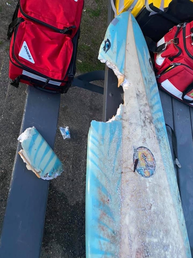 The bite mark left in Mr Hoffman’s board following the attack at Crescent Head Picture: Facebook https://www.facebook.com/TheCrescentHeadSantaSurf