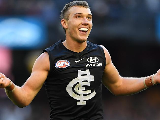 Patrick Cripps of the Blues reacts after kicking a goal during the Round 12 AFL match between the Carlton Blues and the Brisbane Lions at Marvel Satdium in Melbourne, Saturday, June 8, 2019. (AAP Image/Julian Smith) NO ARCHIVING, EDITORIAL USE ONLY