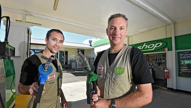 Wayne Ross and Shane Waldock at the BP West service station in Gympie. Picture: Renee Albrecht
