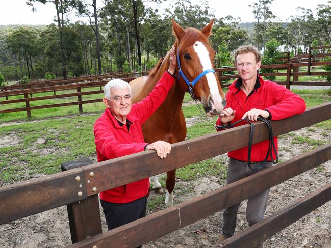 29/11/18: Equestrian's primary benefactor, billionaire Terry Snow (left) with Olympian Brett Parbery and horse Spot On at his property at Bawley Point on the NSW south coast. John Feder/The Australian.