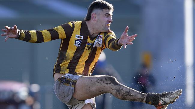 Woodend-HesketÃs Tom Gawthrop during the RDFL football match between Riddell and Woodend-Hesket in Riddells Creek, Saturday, June 26, 2021. Picture: Andy Brownbill