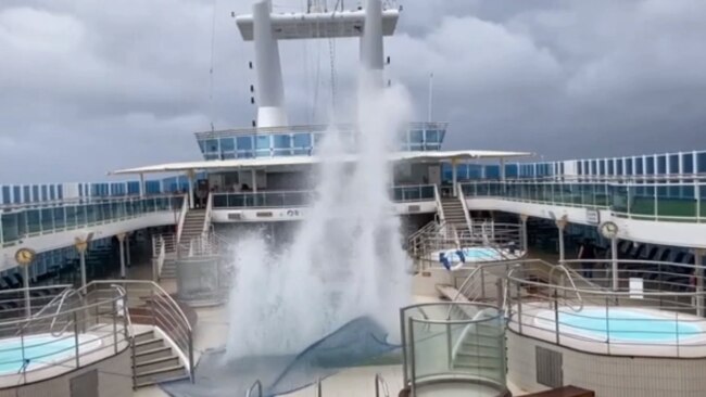 Water has been overflowing in the pools onboard the Coral Princess due to the high seas and wild winds. Picture: 7News