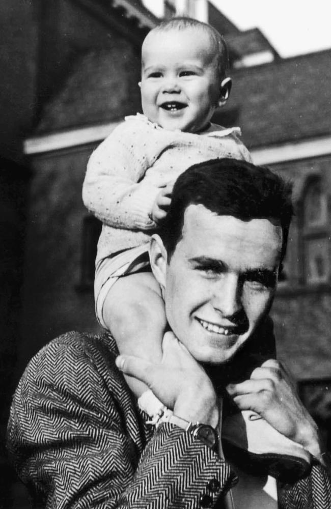 Two US presidents in waiting, George W Bush as an infant with father George HW Bush at Yale University. Supplied for extracts from the book 'Decision Points' by George W Bush, published by Virgin Books 2010. Picture: George Bush Presidential Library