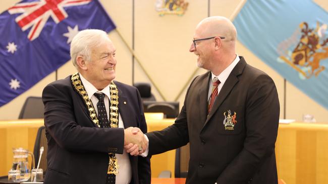 Brad Bunting (right) has been re-elected Mayor of Blacktown City. Pictured here with late former Mayor Tony Bleasdale (left), who died in May. Mr Bunting paid tribute to Mr Bleasdale in his inaugural speech as Mayor on October 9.