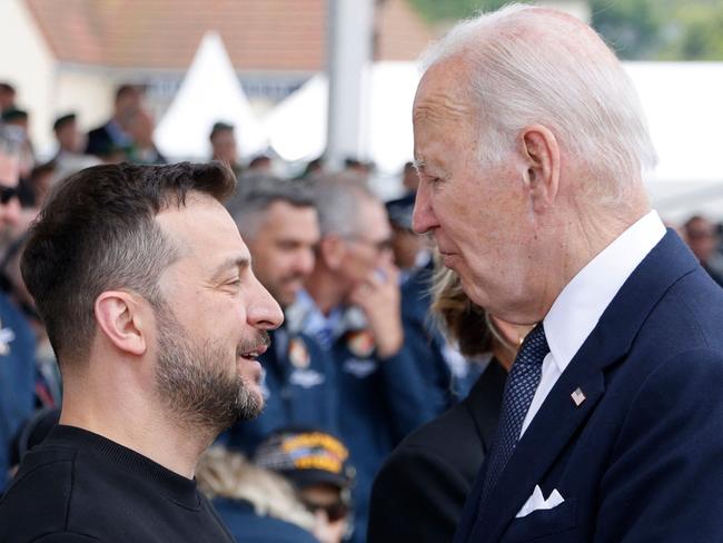 US President Joe Biden (R) shakes hands with Ukraine President Volodymyr Zelenskyy (L) during the International commemorative ceremony at Omaha Beach. Picture: AFP