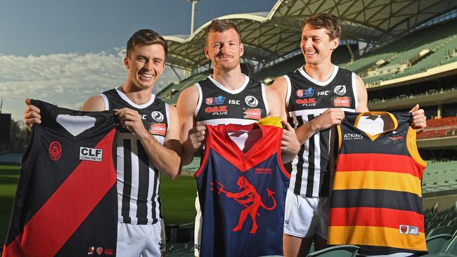 Port Adelaide teammates Jack Elsworthy (Kadina), Matt Appleton (Moonta) and Ben Edwards (CMS Crows) are rivals in the Yorke Peninsula league. Picture: Tom Huntley