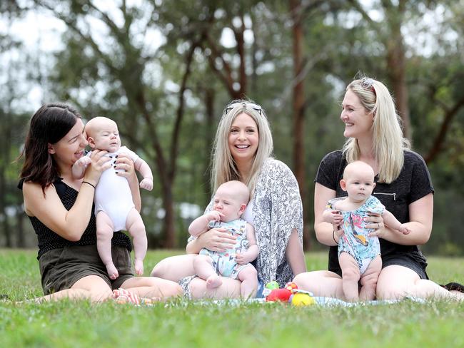 New mums Jane Taylor with son Ziggy, Sarah Trinne with William and Stephanie Carlton with Alana met through Peanut, a social media app for mothers. Picture: Tara Croser