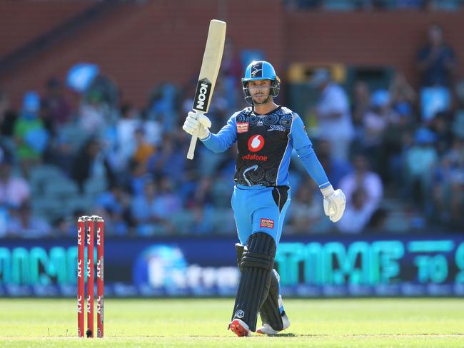 Jonathan Wells of the Strikers celebrates reaching his half century at Adelaide Oval in February. Picture: JASON MCCAWLEY/GETTY IMAGES