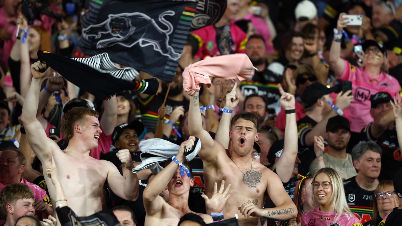 Panthers fans celebrating the win at Accor Stadium. Picture: News Corp Australia/Jonathan Ng