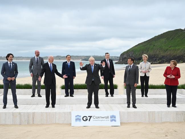 (L-R) Canadian Prime Minister Justin Trudeau, President of the European Council Charles Michel, US President Joe Biden, Japanese Prime Minister Yoshihide Suga, British Prime Minister Boris Johnson, Italian Prime Minister Mario Draghi, French President Emmanuel Macron, President of the European Commission Ursula von der Leyen and German Chancellor Angela Merkel, in Carbis Bay, Cornwall. UK. Picture: Getty Images