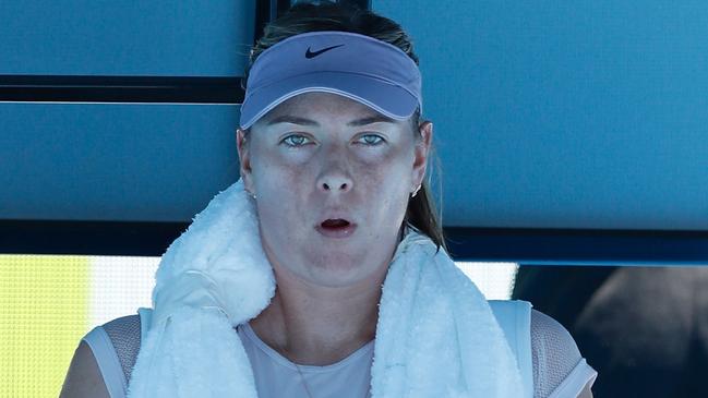 Maria Sharapova attempts to cool down between games during her match against Anastasija Sevastova of Latvia at the 2018 Australian Open. Picture: Getty Images