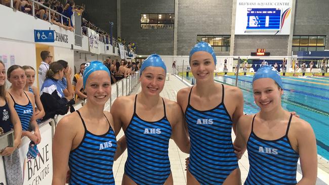 The outstanding All Hallows' relay team of Elizabeth Dekkers, Bronte Job, Joesphine Crimmins and Piper Brien at the CaSSSA swimming carnival in 2020.