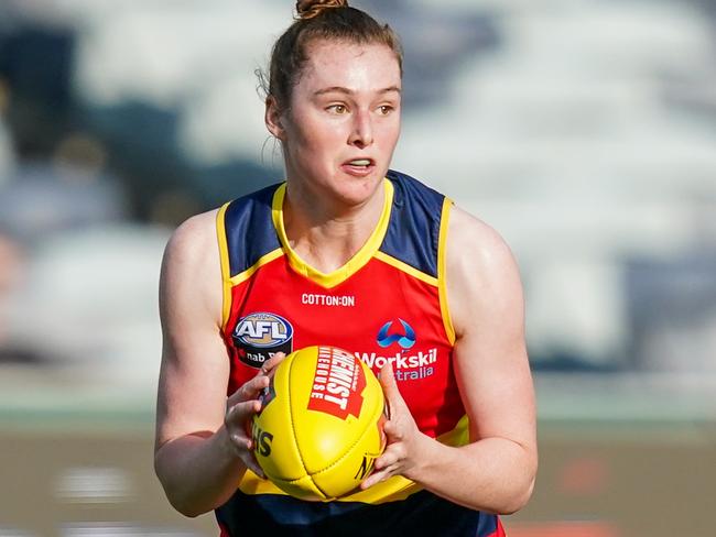 Sarah Allen of the Crows is seen with the ball during the Round 3 AFLW match between the Geelong Cats and the Adelaide Crows at GMHBA Stadium in Geelong, Sunday, February 23, 2020. (AAP Image/Natasha Morello) NO ARCHIVING, EDITORIAL USE ONLY