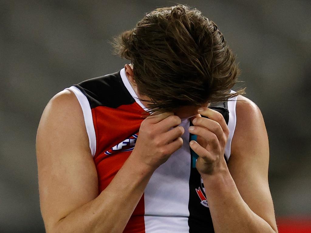 MELBOURNE, AUSTRALIA - JULY 30: Leo Connolly of the Saints looks dejected after a loss during the 2021 AFL Round 20 match between the St Kilda Saints and the Carlton Blues at Marvel Stadium on July 30, 2021 in Melbourne, Australia. (Photo by Michael Willson/AFL Photos via Getty Images)