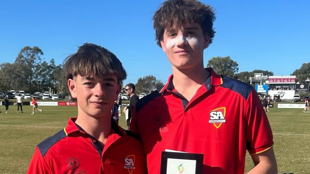 Glenelg footballer Josh Jarrad (right) with Sturt's Mitchell Brook after the duo were selected as All-Australians at the 2024 School Sport Australia under-15 football carnival. Picture: School Sport SA Facebook