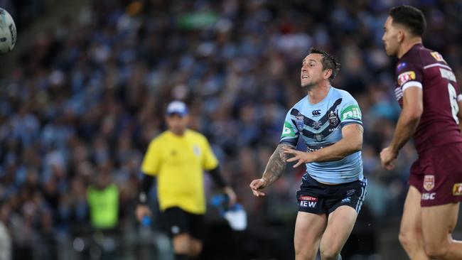 Mitchell Pearce throws the wide pass that started it all. Photo: Phil Hillyard