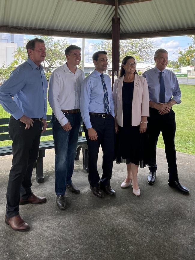 New central Queensland LNP MPs Glen Kelly, Nigel Hutton, and Donna Kirkland with Premier David Crisafulli and Health Minister Tim Nicholls in Rockhampton on Friday.