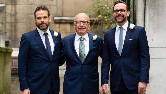 Rupert Murdoch with his Lachlan, left, and James, right. Picture: Leon Neal/Agence France-Presse/Getty