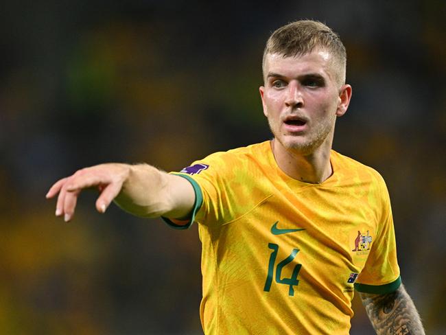 AL WAKRAH, QATAR - NOVEMBER 30: Riley McGree of Australia looks on during the FIFA World Cup Qatar 2022 Group D match between Australia and Denmark at Al Janoub Stadium on November 30, 2022 in Al Wakrah, Qatar. (Photo by Stuart Franklin/Getty Images)