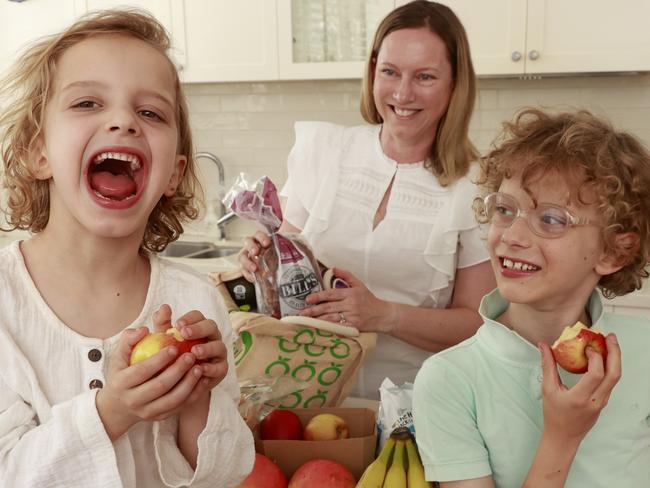 WEEKEND TELEGRAPHS SPECIAL. NOVEMBER 11, 2022. PLEASE CONTACT WEEKEND PIC EDITOR JEFF DARMANIN BEFORE PUBLISHING.Pictured at home in Manly today is Fiona Franz unpacking groceries with her sons Saxon 8 and Lincoln 6. Picture: Tim Hunter.