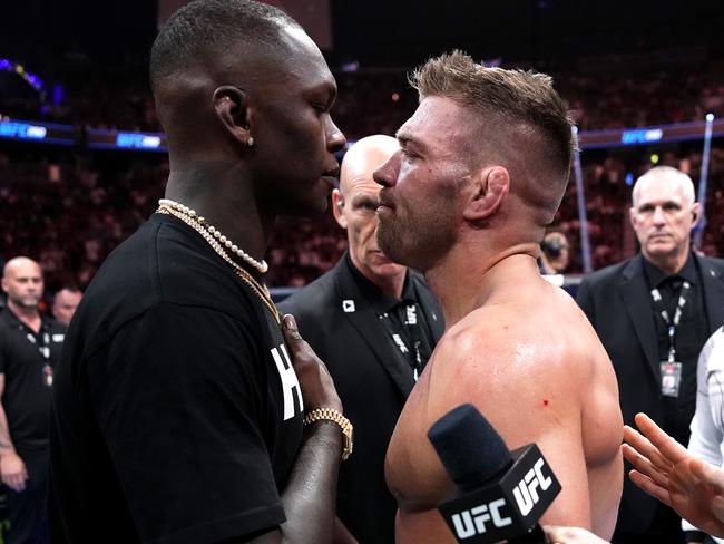 LAS VEGAS, NEVADA - JULY 08: UFC middleweight champion Israel Adesanya faces off against Dricus Du Plessis of South Africa during the UFC 290 event at T-Mobile Arena on July 08, 2023 in Las Vegas, Nevada. (Photo by Jeff Bottari/Zuffa LLC via Getty Images)