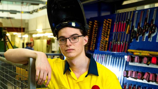 Fitter and turner Jaycob Irvine at TAFE Queensland SkillsTech in Acacia Ridge. Picture: Richard Walker