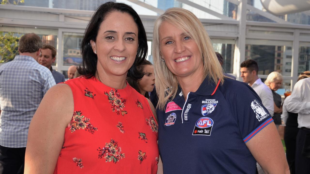 AFLW chief Nicole Livingstone and Bulldogs football manager Debbie Lee.