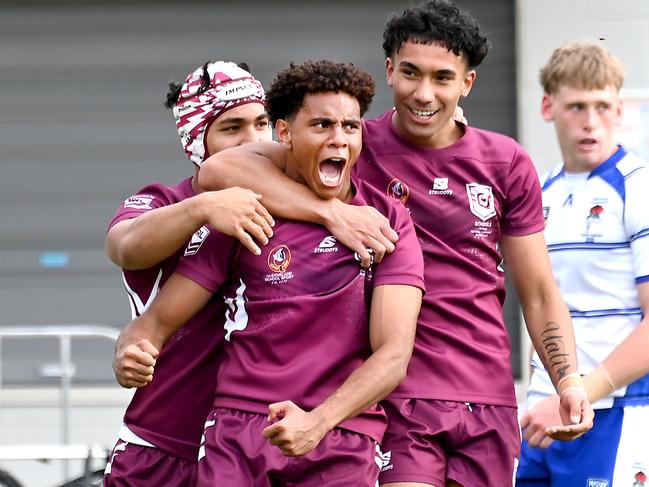 QLD player Matua Brown celebrates a try.Qld Vs NSWCCC in the ASSRL national championships in Redcliffe.Saturday July 1, 2023. Picture, John Gass