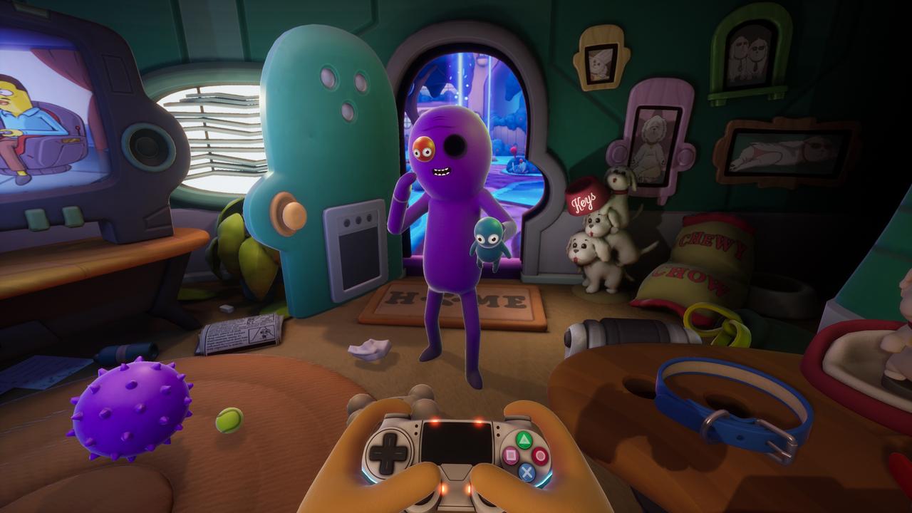 You control purple alien Trover, who is about as excited about getting dragged into things as your character is.