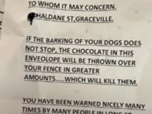 The letter warned the pets would be poisoned if they don’t stop barking.