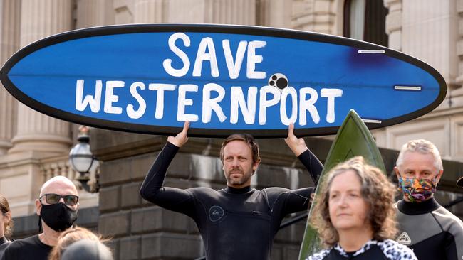 Protestors gather outside Victoria’s Parliament House to oppose the AGL gas import terminal at Westernport Bay. Picture: NCA NewsWire Andrew Henshaw