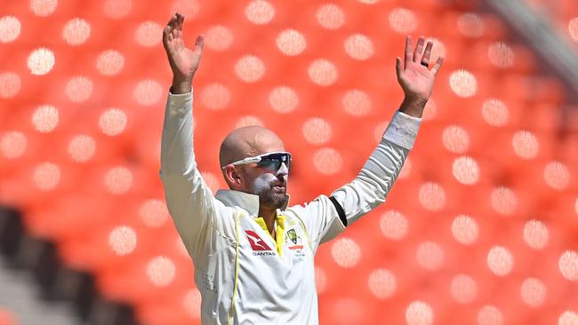 Nathan Lyon reacts during the third day.