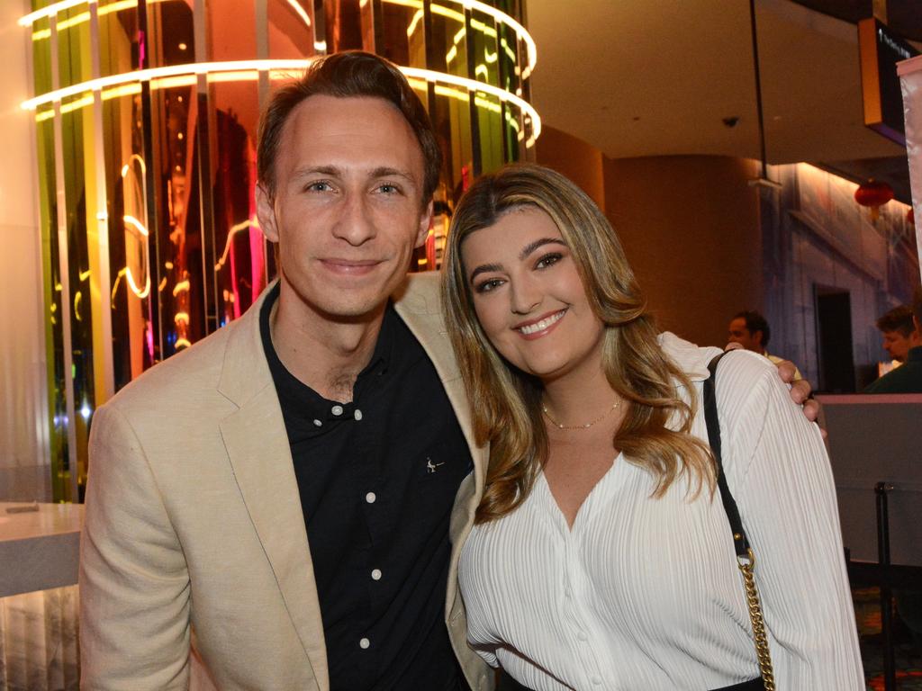 Josh Daley and Gabrielle Armes at the YPGC cocktail party in the Atrium Bar, The Star Gold Coast. Picture: Regina King.