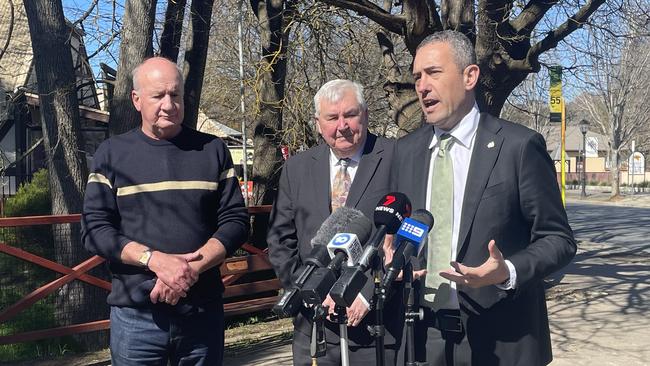 Transport Minister Koutsantonis, Mount Barker mayor David Leach and Hahndorf Community Association chair Greg Lomax in Hahndorf.