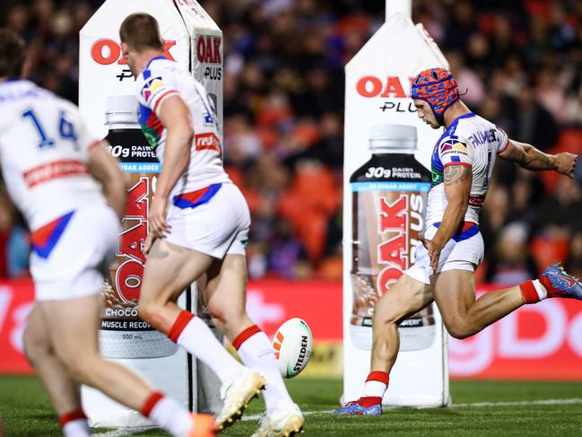 The Knights are the kings of the short dropout thanks to the boot of Kalyn Ponga Picture: NRL Photos