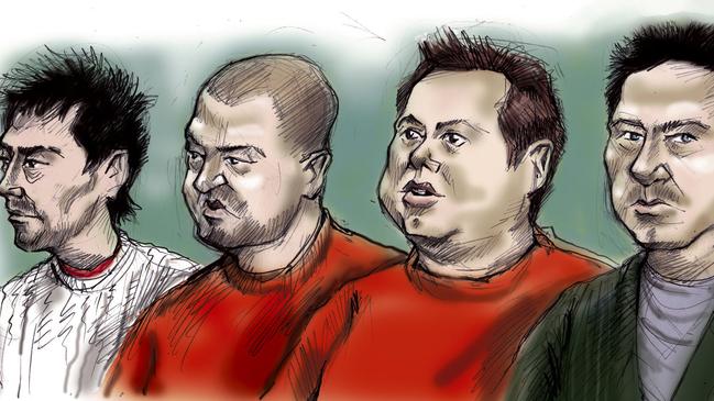 A court artist’s drawing of (L-R) Michael Thorneycroft, Sean Sonnet, Carl Williams and Gregg Hildebrant facing court in 2004 on conspiracy to murder charges: Picture: Supplied