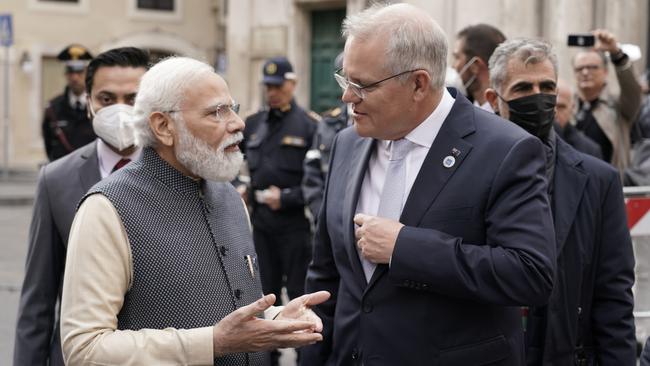 Indian PM Narendra Modi and Scott Morrison at the G20 in Rome last October. Picture: Adam Taylor