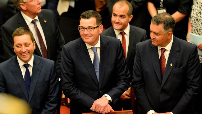 Opposition Leader Matthew Guy, Premier Daniel Andrews, Deputy Premier James Merlino and Speaker Telmo Languiller. Picture: Martin Reddy