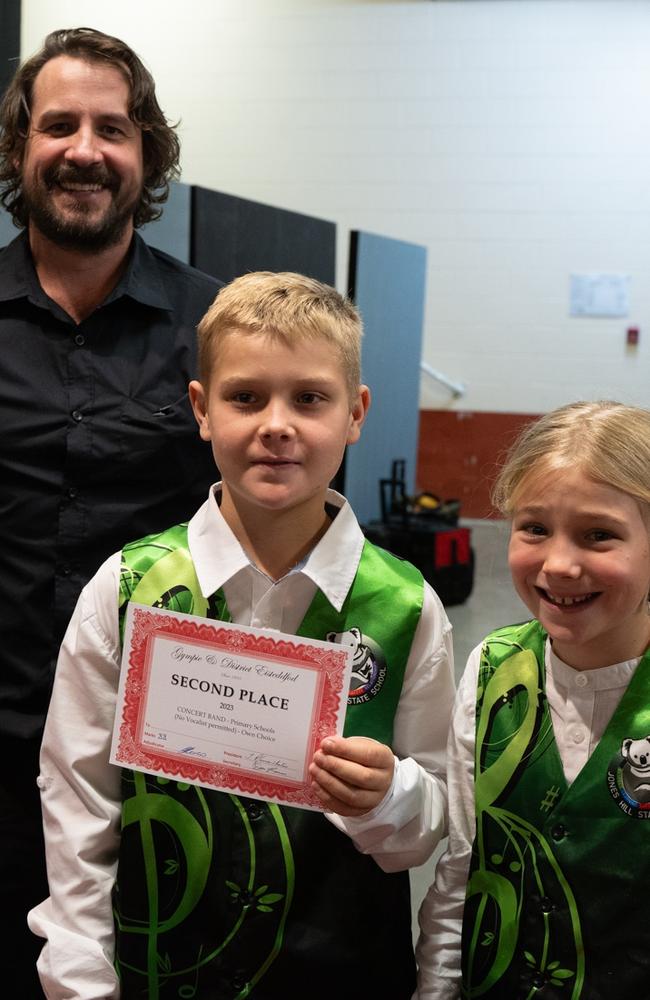 Zeke and Oliva Cocks with their Jones Hill Conductor at the Gympie Eisteddfod. Jones Hill Primary Concert placed second in the Eisteddfod. July 31, 2023. Picture: Christine Schindler