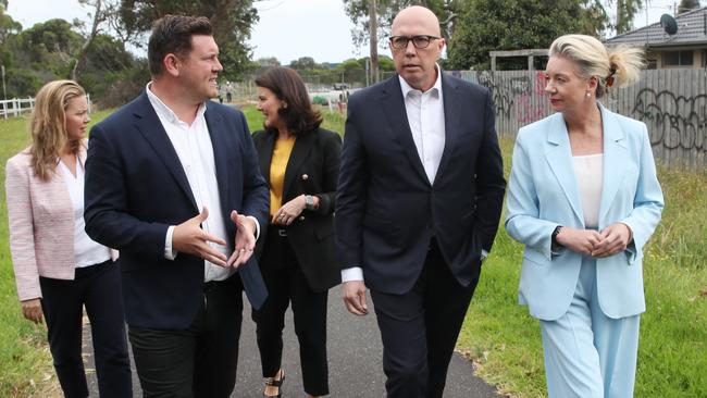 Opposition Leader Peter Dutton in Frankston with Senator Bridget McKenzie and Liberal Party candidate for the Dunkley by-election, Nathan Conroy. Picture: David Crosling