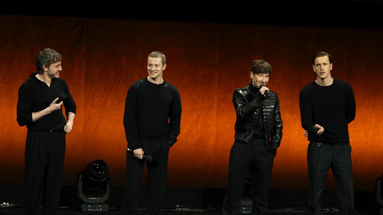 Paul Mescal, Joseph Quinn, Barry Keoghan and Harris Dickinson speak onstage to promote the upcoming film. Picture: Getty