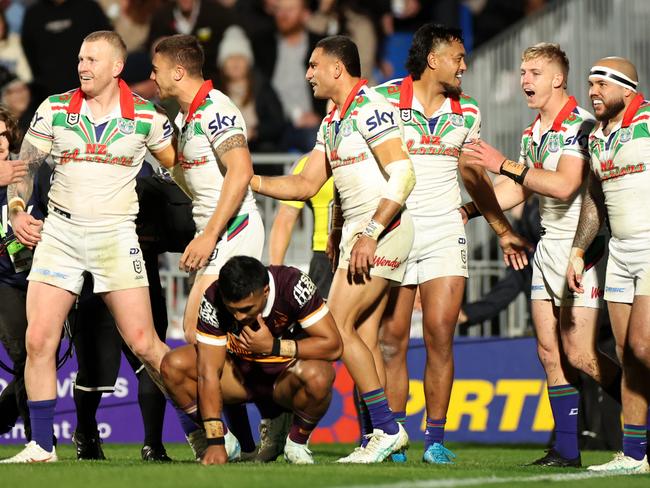 Moala Graham-Taufa of the Warriors celebrates after scoring a try. Picture: Hannah Peters/Getty Images