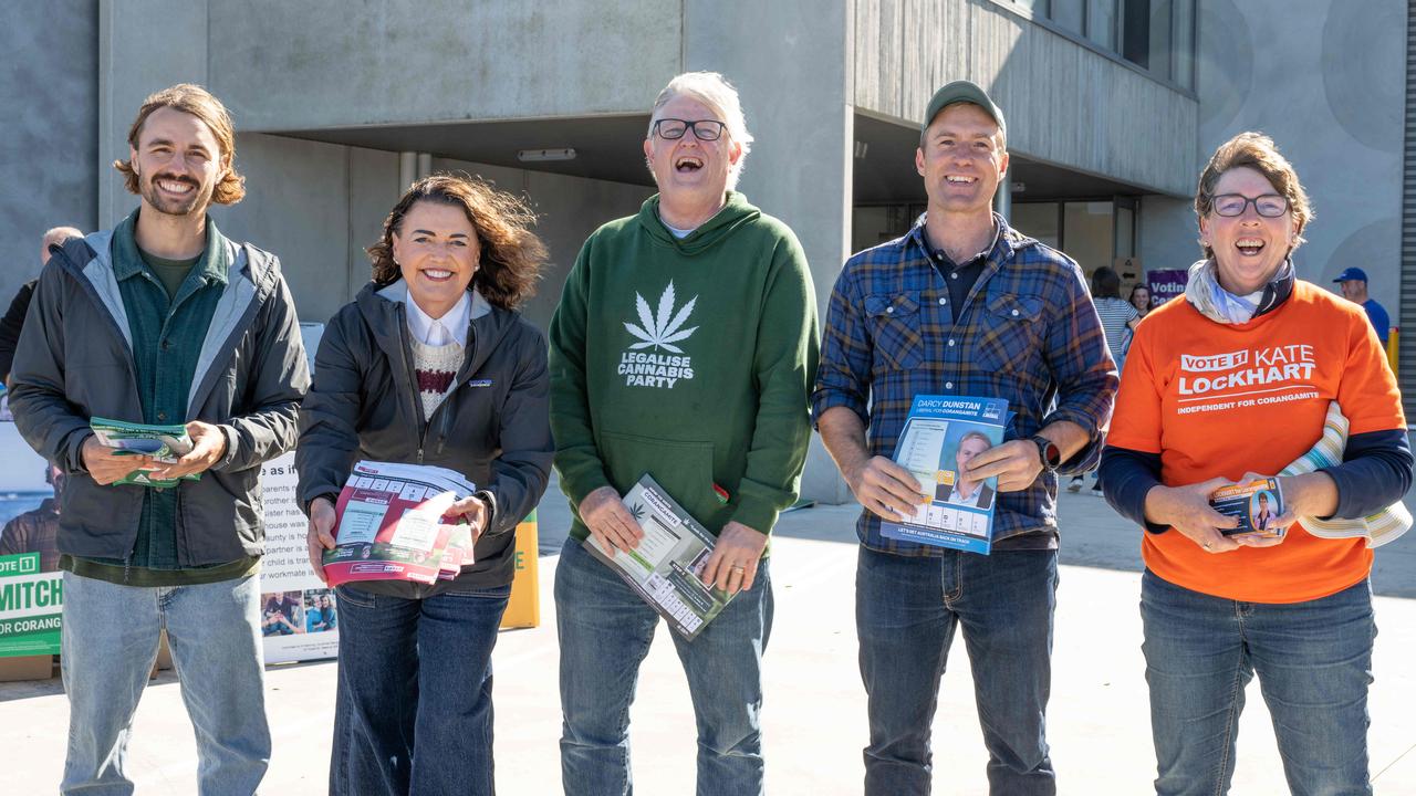Corangamite candidates Mitch Pope (Greens), Libby Coker (Labor), Harley Mackenzie (Legalise Cannabis), Darcy Dunstan (Liberal) and Kate Lockhart (independent) at Torquay pre-polling. Picture: Brad Fleet.